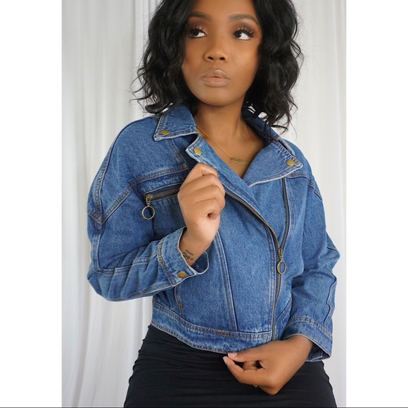 MARCY BLUE DENIM BIKER JACKET - Picture 1 of 4
